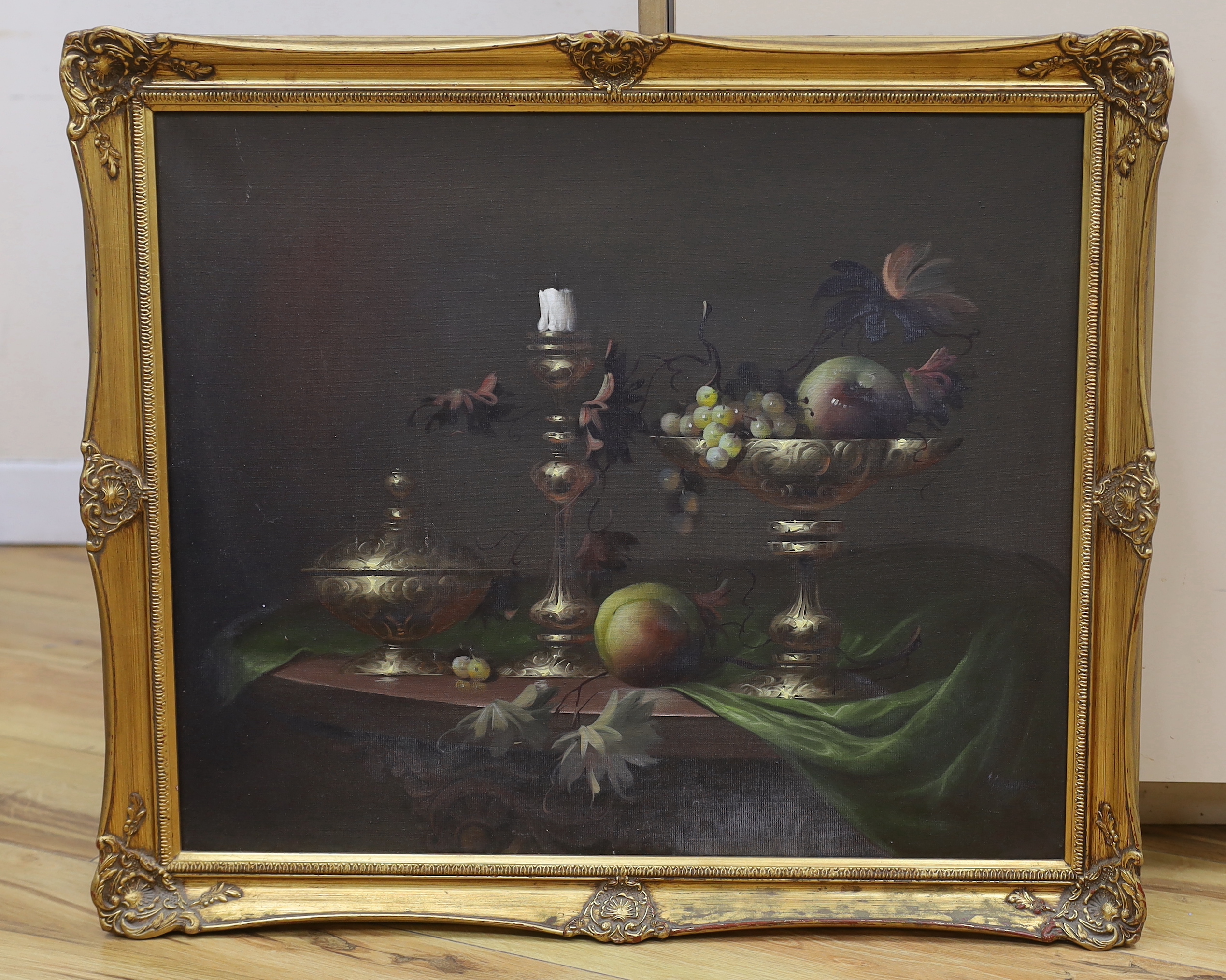 Jozsef Molnár (Hungarian, born 1939), oil on canvas, still life of fruit and vessels, 60 x 49cm
